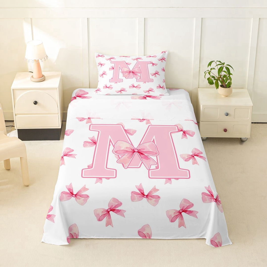 Erosebridal Aesthetic Coquette Bowknot Twin Sheet Sets,Letter M Monogrammed Bedding For Girls Kids 3-Piece