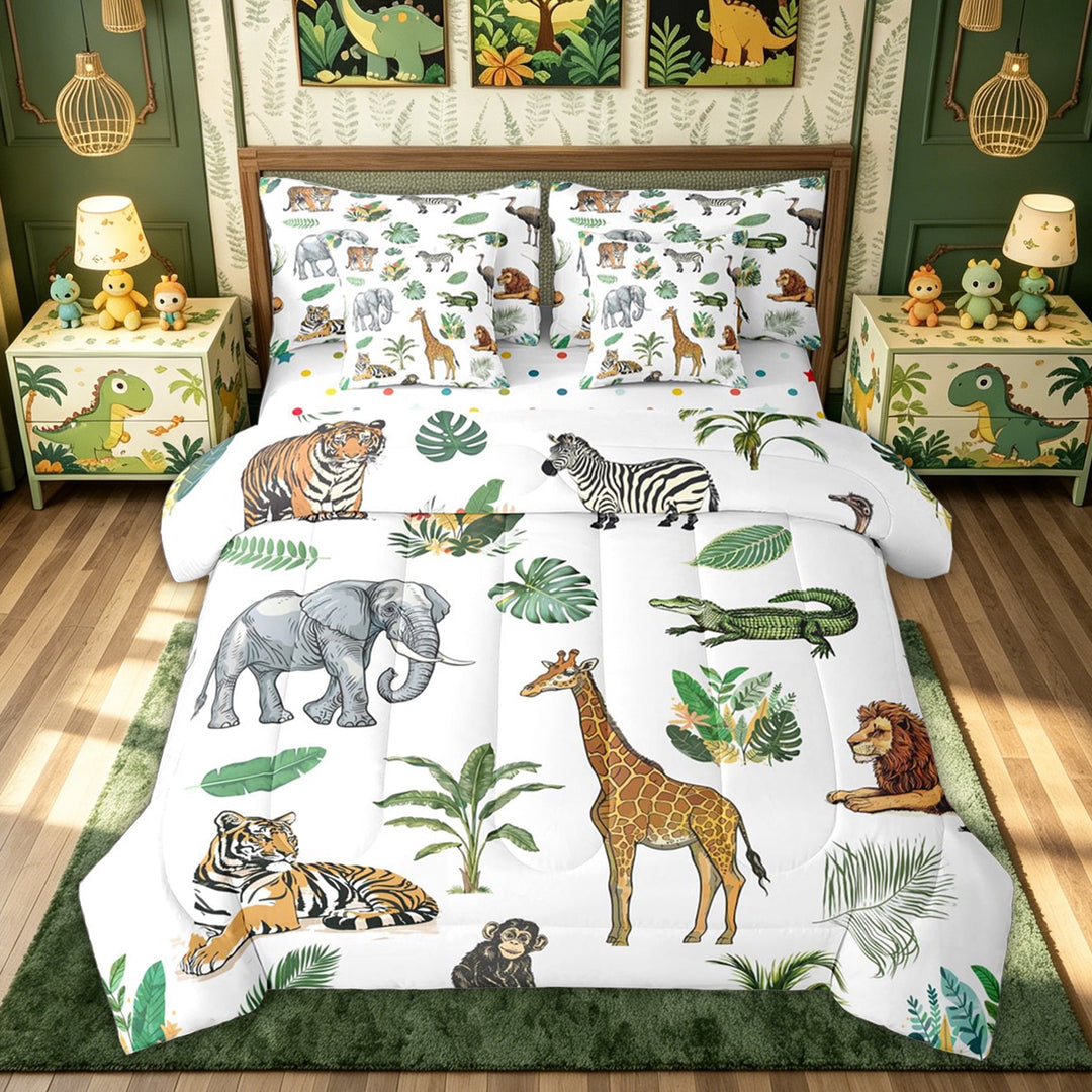 meiyoeat Elephant Lion Animal Full Size Bedding Sets for Kids Boys, Jungle Wildlife Print Full Size Bed in a Bag, White Green, Polkadot Reversible, 7pcs