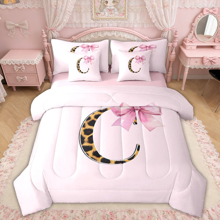 Erosebridal Watercolor Bowknot Twin Bedding Sets, Leopard Print Letter C Bedding Comforter Set for Girls Kids, Pink Reversible, 7-Piece