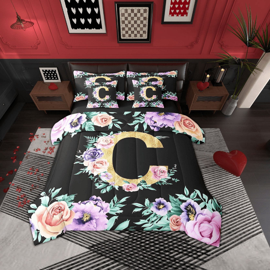 Erosebridal Initial Letter C Bedding, Gold Bed in a Bag, Kawaii Floral Reversible Bed Set, Ultra Soft Room Decoration, 7 Pieces