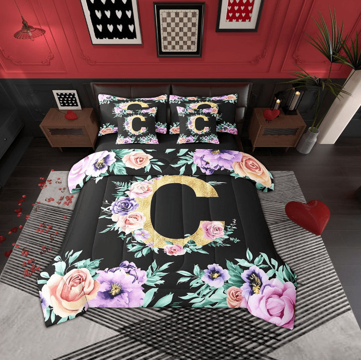Erosebridal Initial Letter C Bedding, Gold Bed in a Bag, Kawaii Floral Reversible Bed Set, Ultra Soft Room Decoration, 7 Pieces