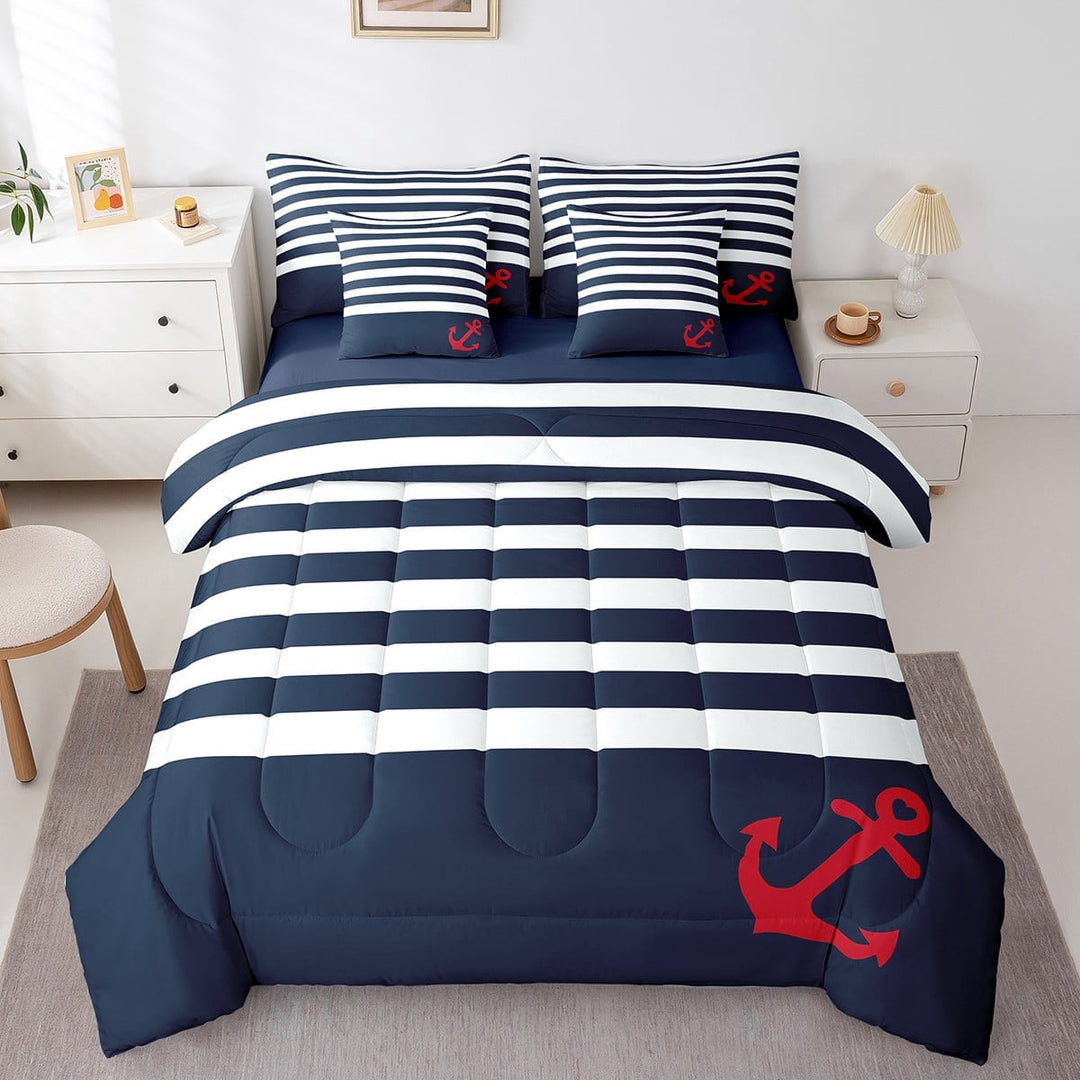 Erosebridal Navy White Stripe Bedding Sets King Size, Nautical Anchor Comforter Sets with Sheets, Breathable Bedding Accessories Room Decoration, Reversible 7pcs