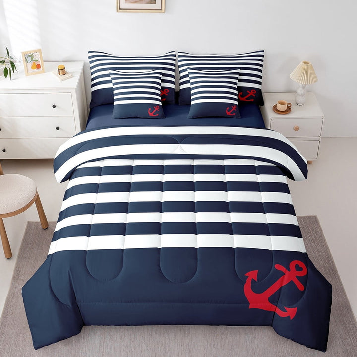Erosebridal Navy White Stripe Bedding Sets King Size, Nautical Anchor Comforter Sets with Sheets, Breathable Bedding Accessories Room Decoration, Reversible 7pcs
