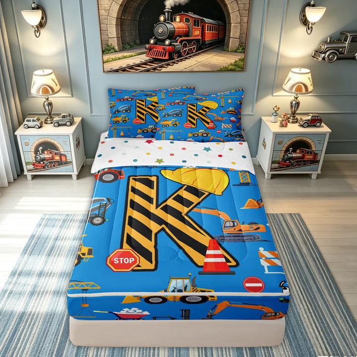 meiyoeat Construction K Initial Hard Hat Zipper Comforter Set with Fitted Sheet and 2 Pillowcases, Cartoon Truck Zipper Bedding Set for Boys Girls, Blue, Polkadot Reversible, 3 Pieces