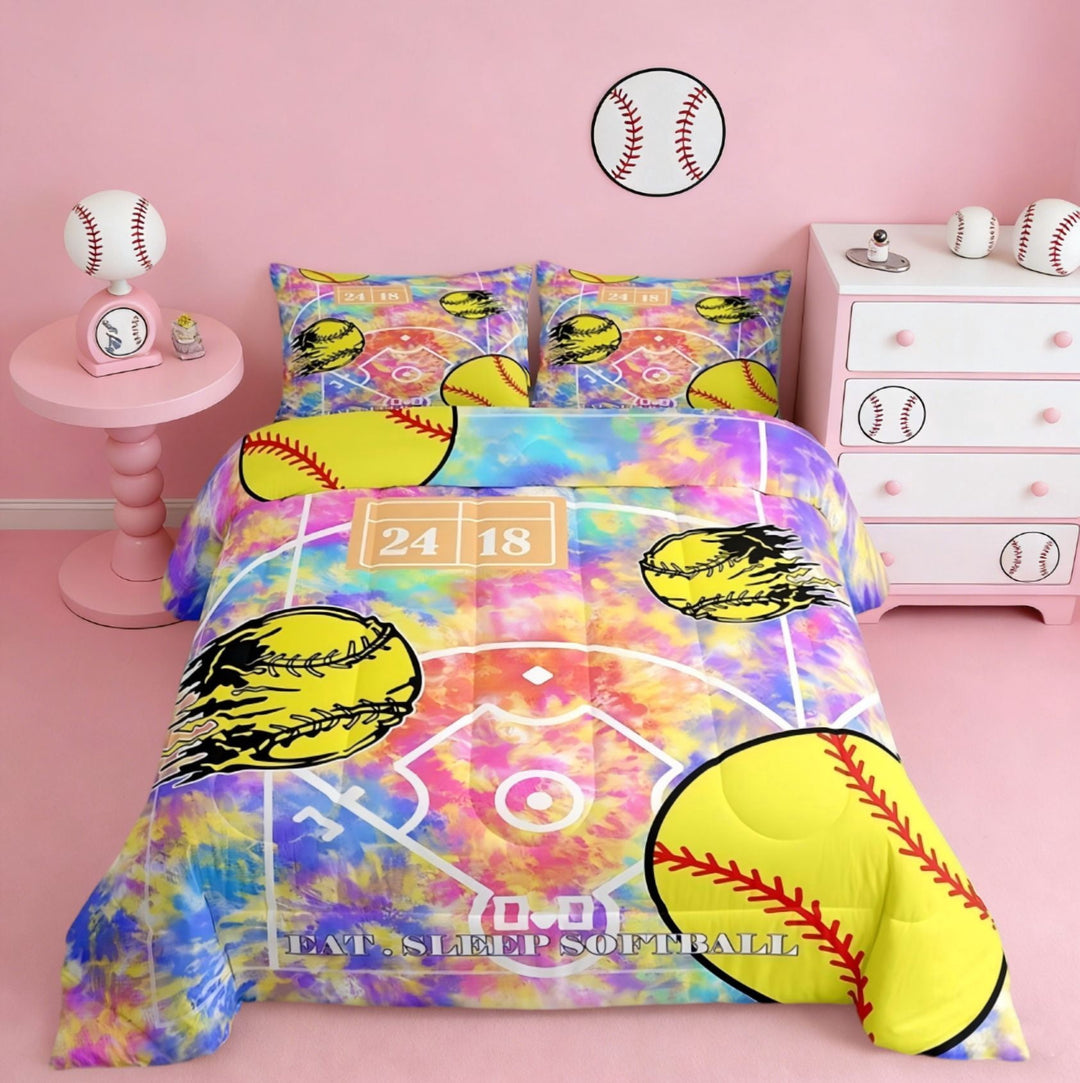 Manfei Softball Full Size Comforter Sets For Boys Girls,Ball Games Tie Dye Bedding Sets Room Decorations Duvet Set 3 Pieces