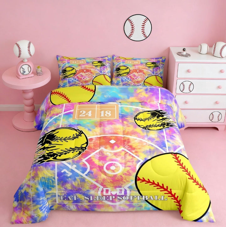 Manfei Softball Full Size Comforter Sets For Boys Girls,Ball Games Tie Dye Bedding Sets Room Decorations Duvet Set 3 Pieces