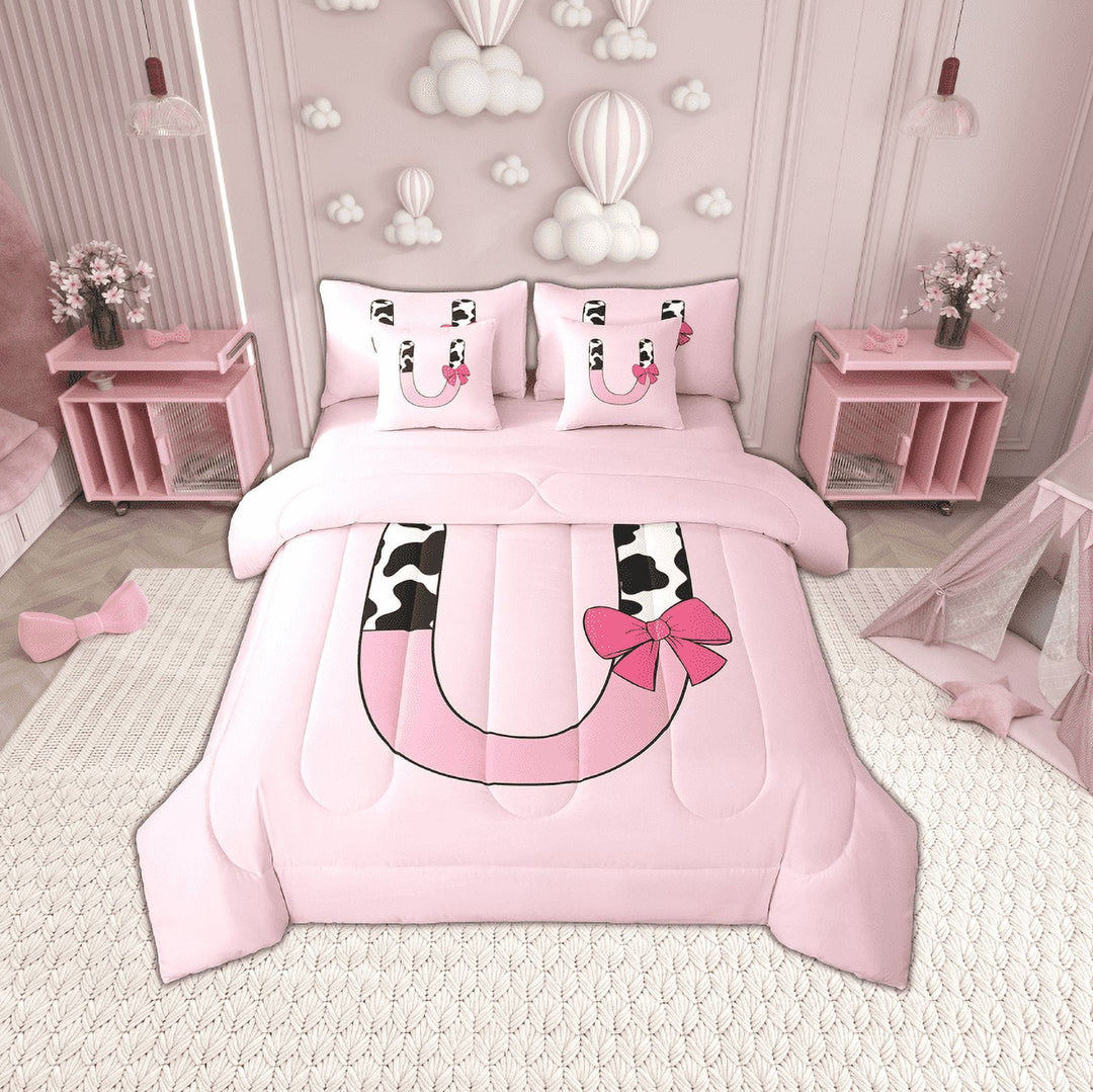 Erosebridal Initial Monogrammed Bedding Sets Twin Size,Bowknot Cow Print Comforter Sets with Sheets,Microfiber Reversible Bed in a Bag Twin size,Kawaii Room Decorative,7pcs
