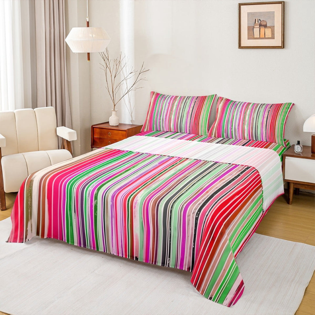 Manfei Aesthetic Pink Stripe Queen Sheet Sets 4-Piece, Watercolor Oil Painting Flat Sheet, Modern Abstract Art Queen Fitted Sheet, Microfiber Bedroom Decor