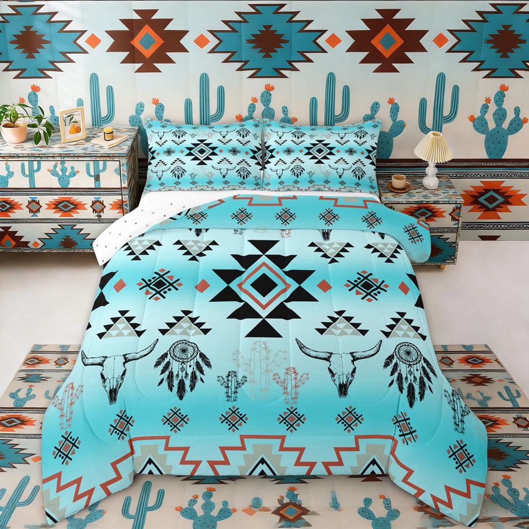 Erosebridal Blue Aztec Full Size Comforter Sets, Farmhouse Dreamcatcher Cow Skull Print Bedding Sets, Reversible 3pcs, 1 Comforter and 2 Pillowcases