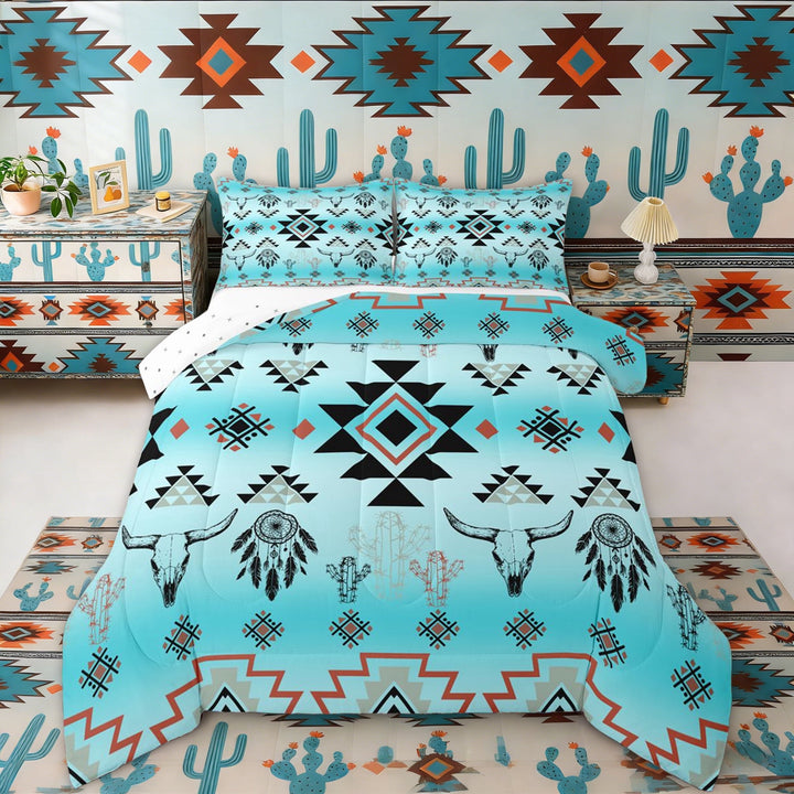 Erosebridal Blue Aztec Full Size Comforter Sets, Farmhouse Dreamcatcher Cow Skull Print Bedding Sets, Reversible 3pcs, 1 Comforter and 2 Pillowcases