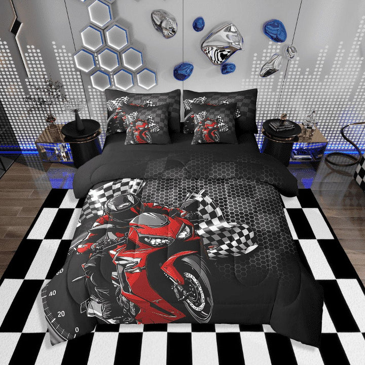 Erosebridal Motorcyclist Bedding Sets Twin Size,Racing Flag Comforter Sets with Sheets,Dirt Bike Decor,Reversible,Breathable,7-Piece