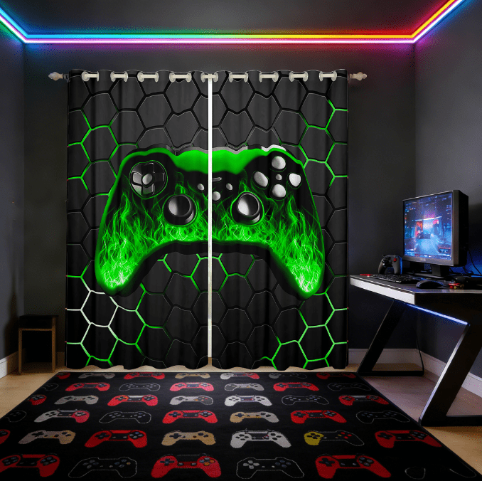 Manfei Game Console Curtains and Drapes (42x63),Gamer Gaming Blackout Curtains for Bedroom,Green Geometric Geometric Curtains Pack of 2 (42x63),Breathable Bedroom Decorative