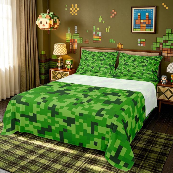 meiyoeat Pixel Pixel Grid Miners Bed Sheets for Kids Boys, Green Game Block Full Size Sheets, 4 Pieces