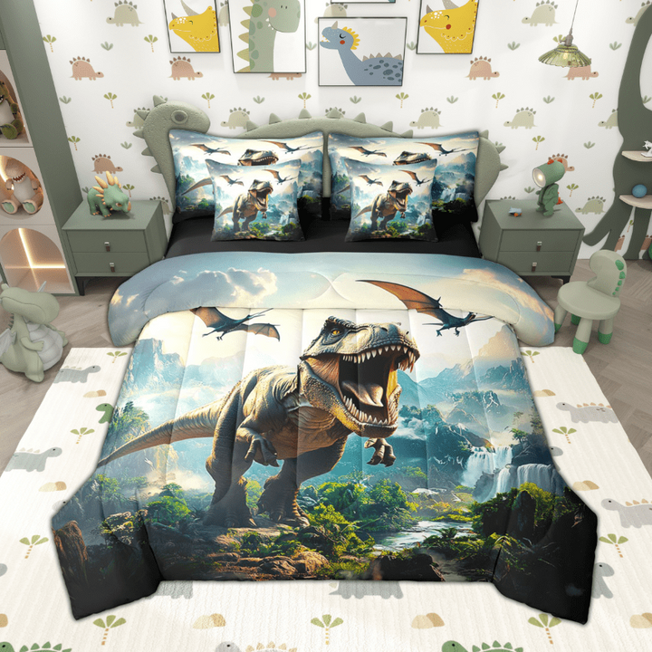 Manfei Kids Dinosaur Bedding Comforter Set 7pcs for Boys, Tyrannosaurus Rex Full Bedding Set, Wild Jungle Animal Fitted Sheet Flat Sheet, Ultra Soft Home Decor