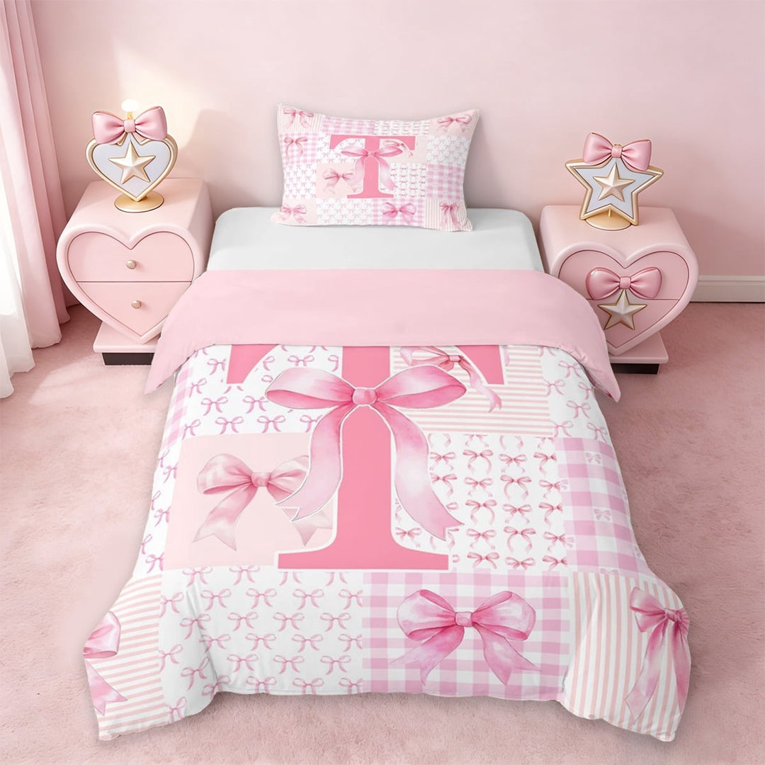 Erosebridal Pink Initial Letter T Kids Twin Bedding,Geometric Checkered Cute Bowtie Duvet Cover Set For Girls,Pink Reversible,2 Pieces(No Comforter)