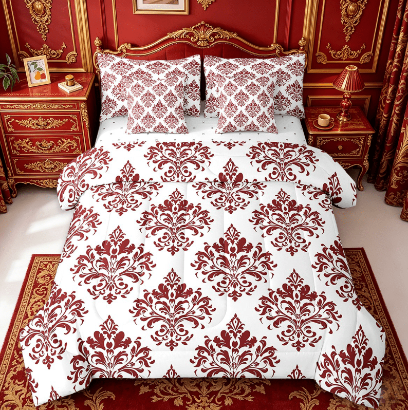 Erosebridal Victorian Damask Flower Bedding Sets Twin Size,Red White Comforter Sets with Sheets,Gothic Theme Bed in a Bag Twin Size,Ultra Soft Bedroom Decorative Reversible,7-Piece