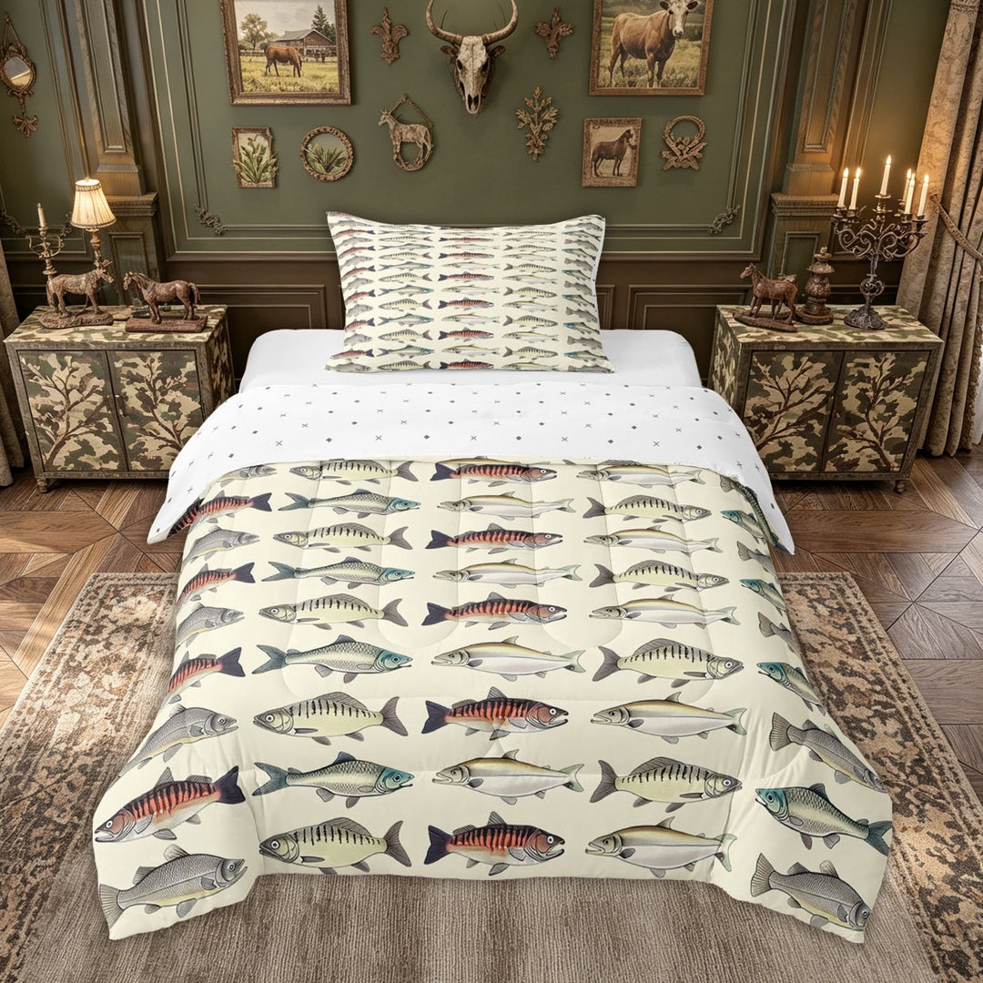 meiyoeat Vintage Pike Fish Full Size Comforter Sets for Boys Girls, Retro Hunting Ocean Wildlife Underwater Bedding Comforter Set, Beige, Reversible, 3 Pieces, 1 Comforter and 2 Pillowcases