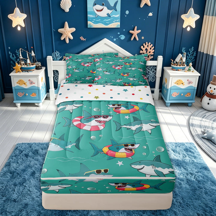 meiyoeat Surf Coastal Shark Zipper Comforter Set with Fitted Sheet and 2 Pillowcases for Kids Boys Girls, Beach Holiday Animal Zipper Bedding Set, Teal , Polkadot Reversible, 3pcs