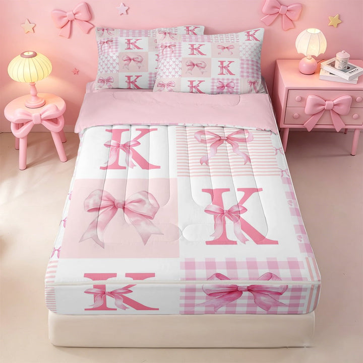 meiyoeat Cute Coquette Bow Zipper Full Size Comforter Sets with Fitted Sheet and 2 Pillowcases For Kids,Pink Bowknot Initial Letter K Zipper Bedding Set,Pink Reversible,4 Pieces