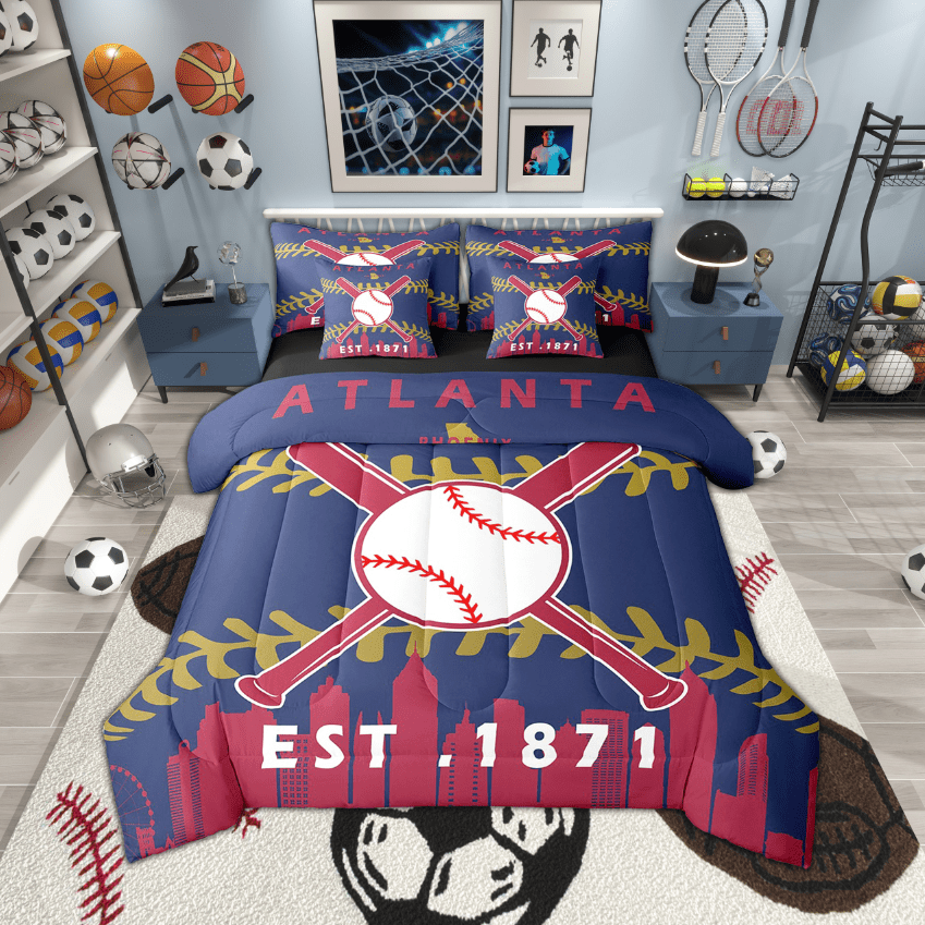 Erosebridal 7 Pcs Comforter Set Twin Size,Sports Bed in a Bag with Flat Sheet and Fitted Sheet and Adults,Baseball Lovers Bedding Set with Pillowcase and Sham(Atlanta)