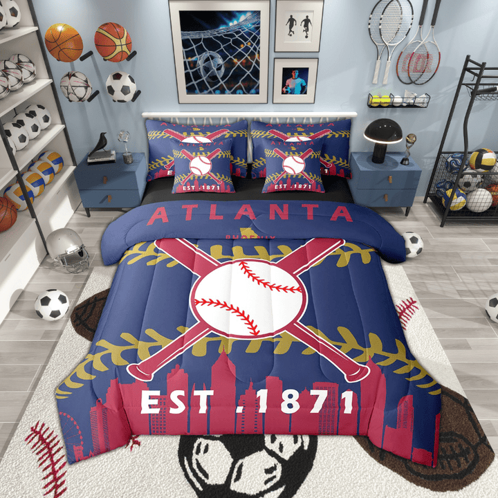 Erosebridal 7 Pcs Comforter Set Twin Size,Sports Bed in a Bag with Flat Sheet and Fitted Sheet and Adults,Baseball Lovers Bedding Set with Pillowcase and Sham(Atlanta)