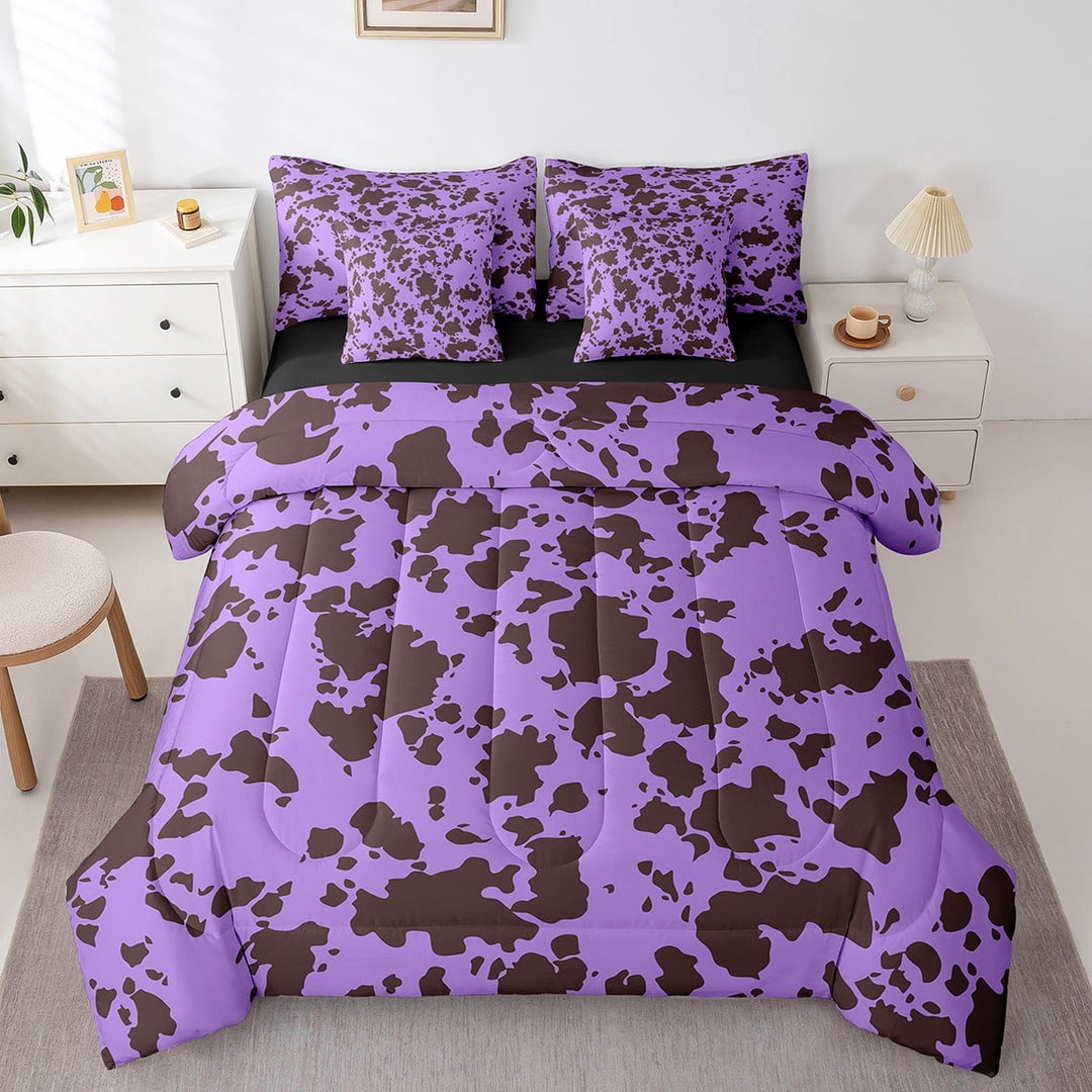 7 Piece Abstract Milk Cow Bedding Set Full Comforter Set Teens Adults,Cute Farm Animal Bed in a Bag,Kawaii Bull Cattle Flat Fitted Sheet,Rustic Farmhous Bedding Comforter Sets