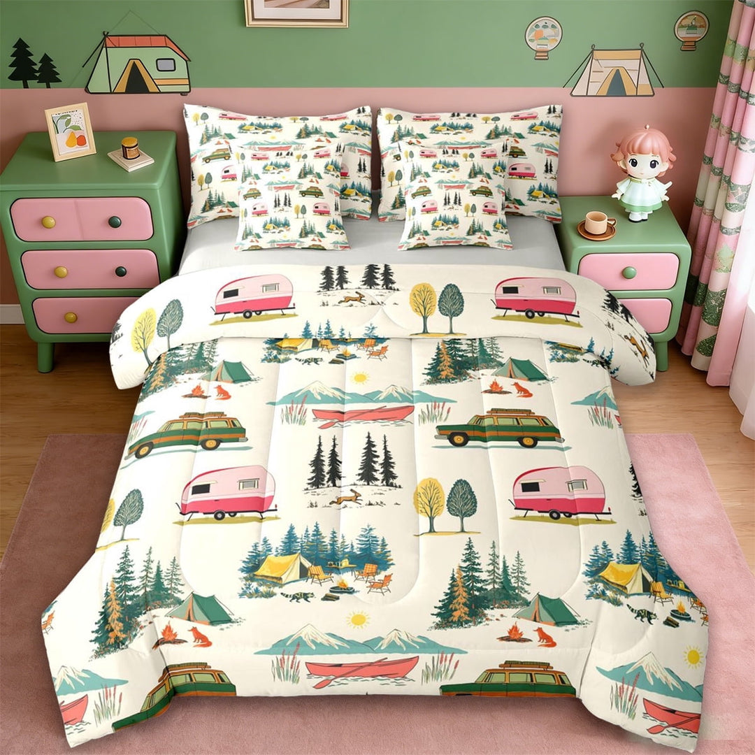 Erosebridal RV Trailers Camper 7 Pieces Bedding Comforter Set,Rustic Cabin Adventure Full Bedding Set For Boys Kids,Reversible lightgray