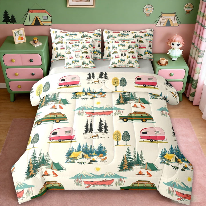 Erosebridal RV Trailers Camper 7 Pieces Bedding Comforter Set,Rustic Cabin Adventure Full Bedding Set For Boys Kids,Reversible lightgray