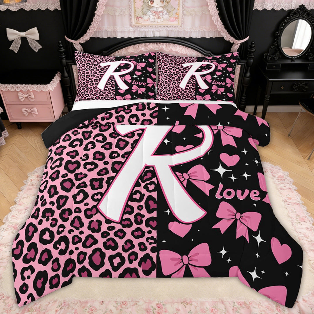 Erosebridal Leopard Print Letter R Full Size Comforter Sets for Girls, Pink Initial Ribbon Bedding Sets, Black Reversible, 3 Pieces