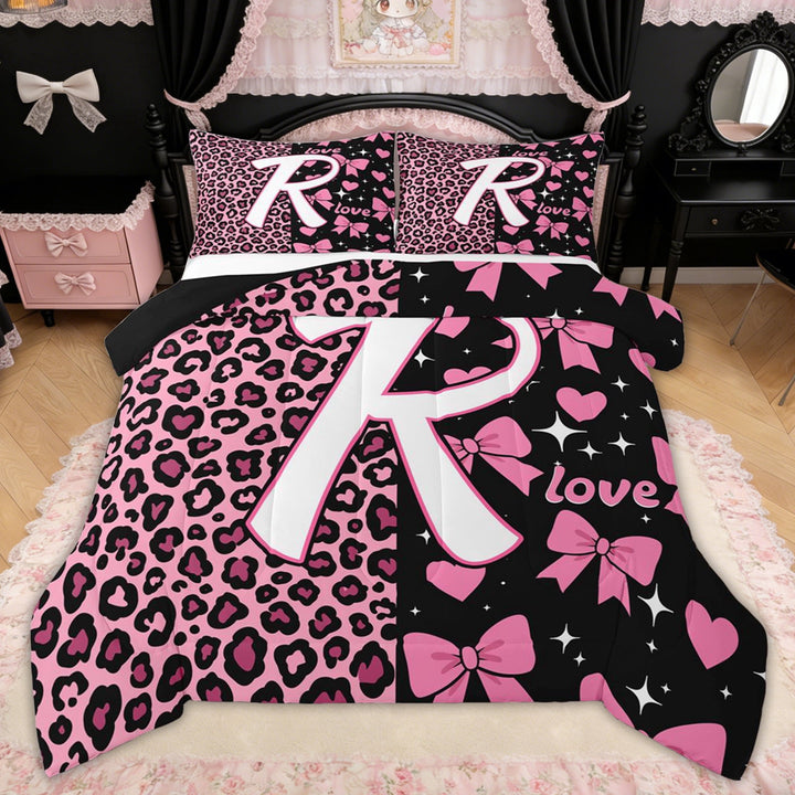 Erosebridal Leopard Print Letter R Full Size Comforter Sets for Girls, Pink Initial Ribbon Bedding Sets, Black Reversible, 3 Pieces