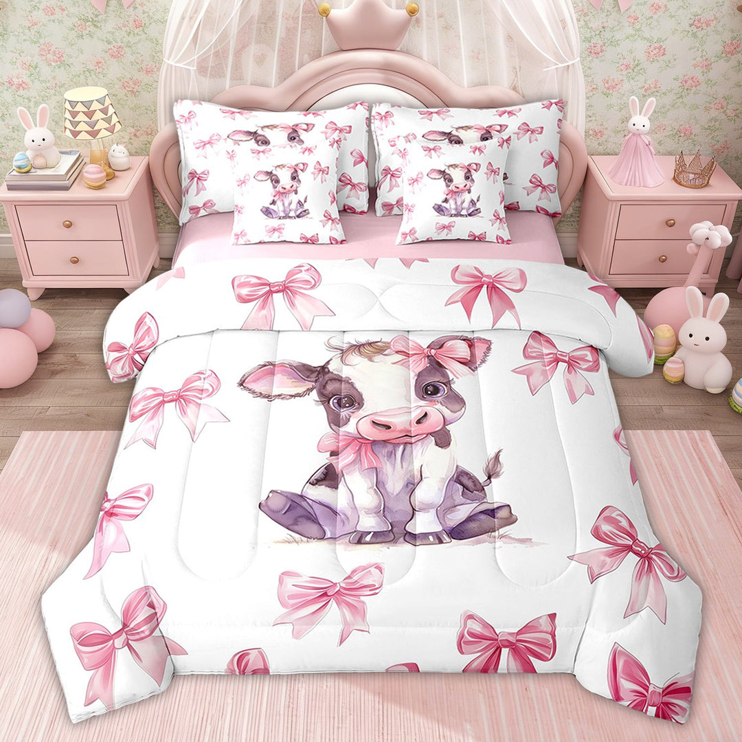 Erosebridal Milk Cow Comforter Sets Twin Size, Kawaii Animal Bedding Comforter Set, Princess Style Decor, Pink Reversible 7 Pieces