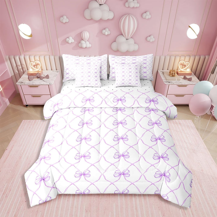 Bowknot 7 Piece Comforter Set Twin Bow Knot Bedding Butterfly Knot Bow Tie Sheet Set Bed in A Bag Aesthetic Coquette Bedroom Decor Geometric Cartoon Purple Duvet Insert