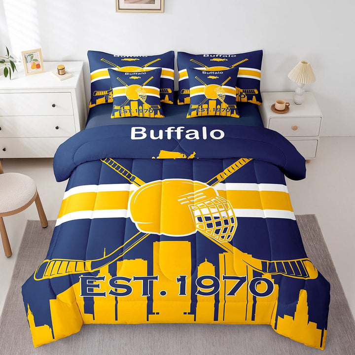 Twin Comforter Set for Hockey Player - 7 Pieces Ice Hockey Bedding Sets Twin Bed in a Bag with Reversible Hockey Bed Set,Winter Ball Game Comforter, Sheets, Pillowcases &amp; Shams,Buffalo