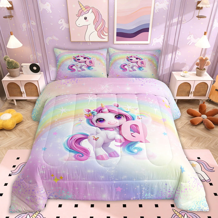 Erosebridal Initial Q Letter Bedding Twin Comforter Set, Cute Unicorn Down Comforter, Dreamy Rainbow Decor, Reversible 2pcs