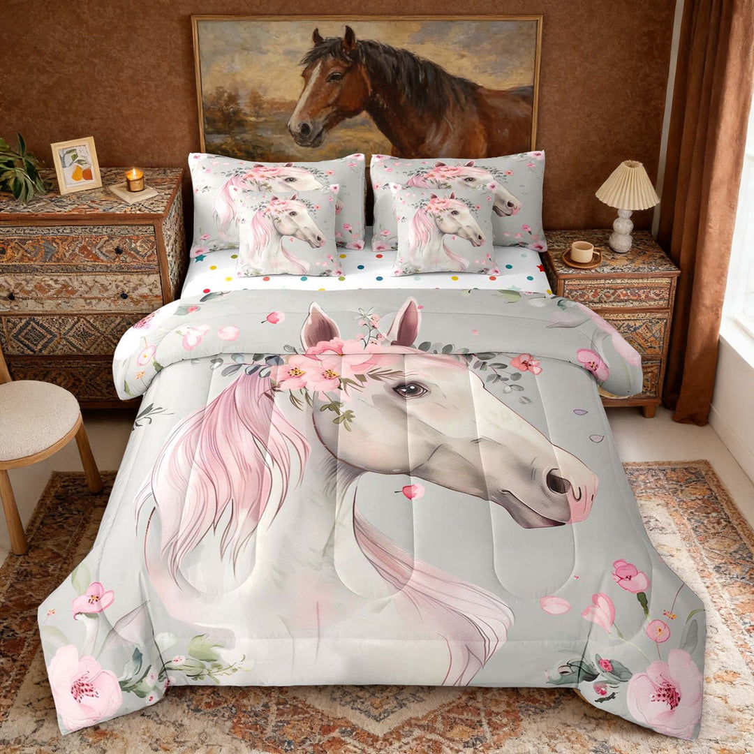 Erosebridal Chic White Horse Twin Bedding Sets for Kids Girls, Pink Floral Flower Bedding Comforter Set