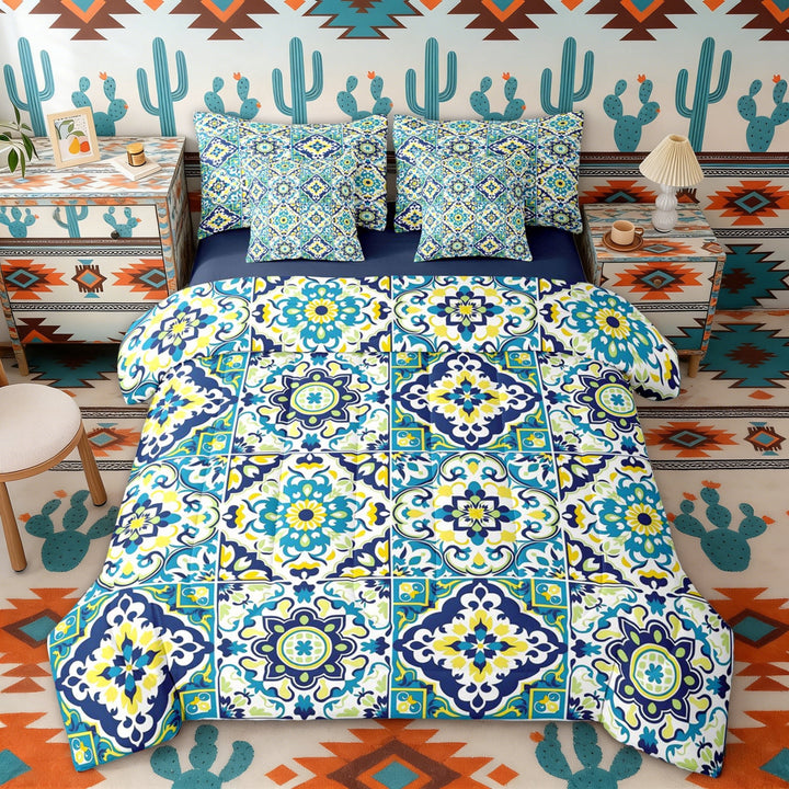 Erosebridal Teal Green Mandala Twin Bedding Sets, Bohemia Style Patchwork Bedding Comforter Set, Navy Reversible 7 Pieces