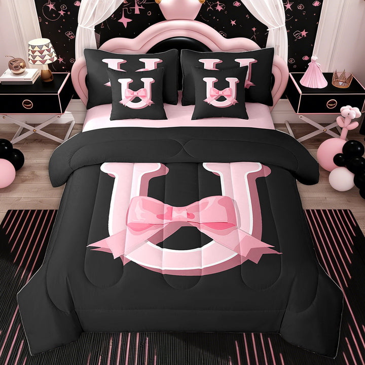 Erosebridal Kawaii Initial Letter Bed in a Bag Twin size, Kids Monogrammed U Bed Set, Ribbon Bow Reversible Bedding Twin Size, 7pcs
