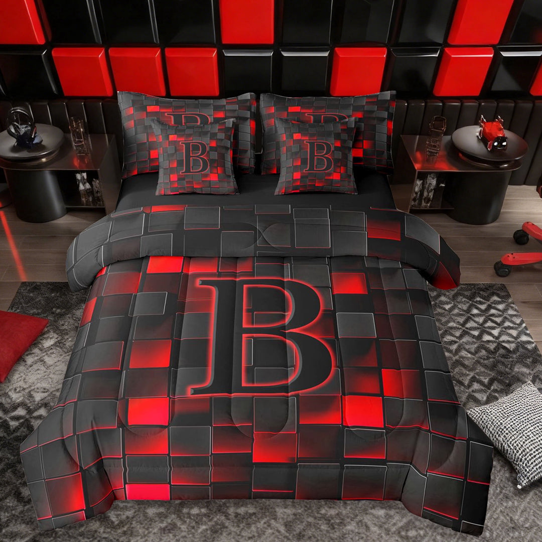 Erosebridal Personalized Initial B Twin Bedding Sets 7-Piece For Teens Adults,Boys Girls Geometric Plaid Bedding Comforter Set,Black Reversible