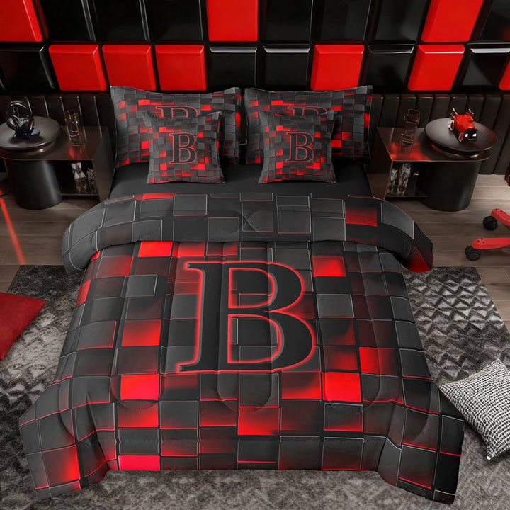 Erosebridal Personalized Initial B Twin Bedding Sets 7-Piece For Teens Adults,Boys Girls Geometric Plaid Bedding Comforter Set,Black Reversible
