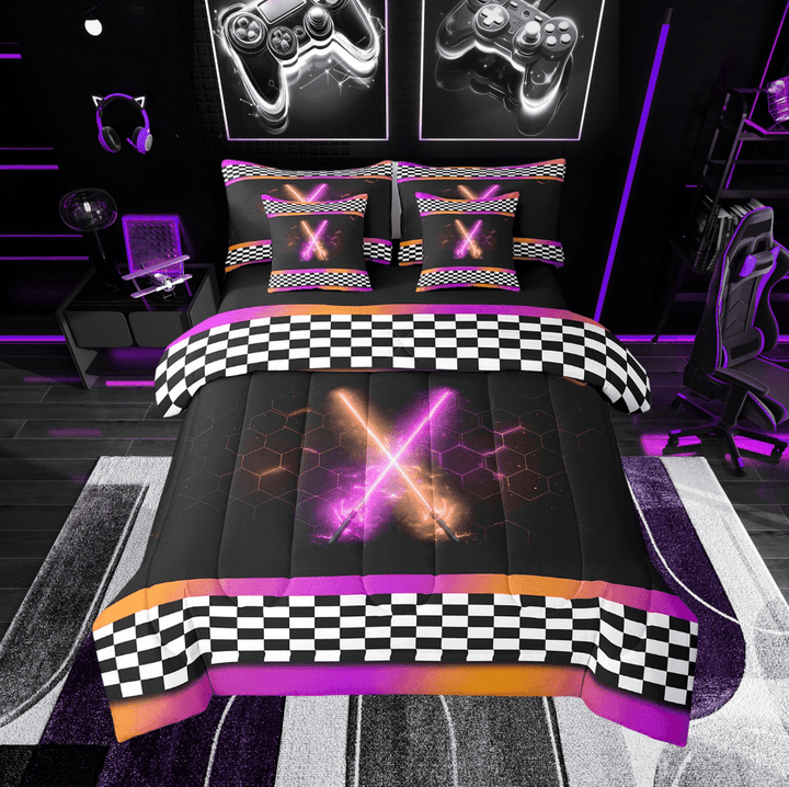 Erosebridal Lightning Sports Bed in a Bag Twin size, Orange Purple Bed Set, Checkered Decor, Reversible 7 Pieces