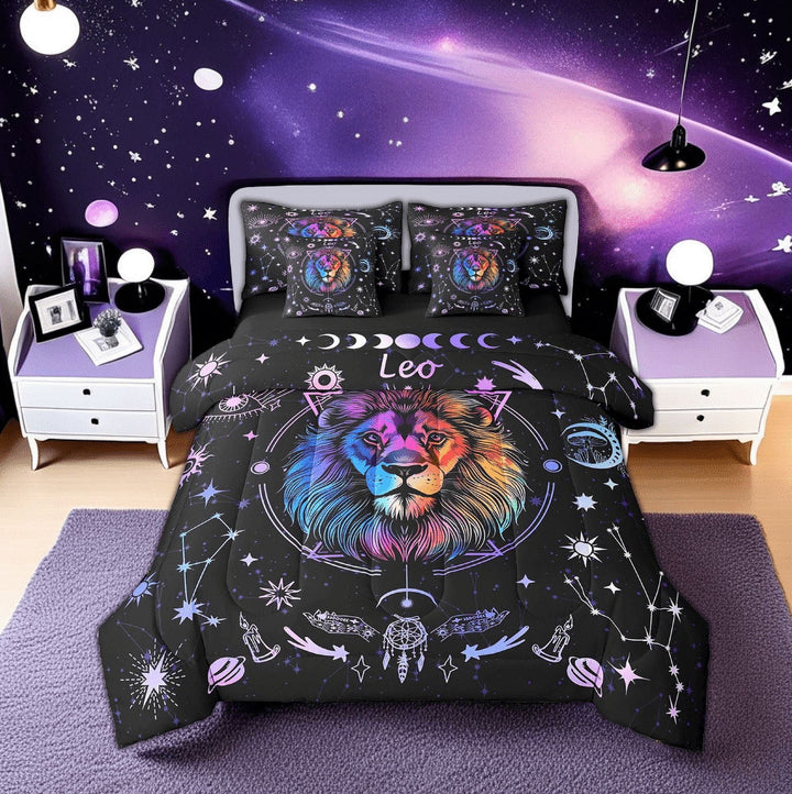 Erosebridal Hippie Leo Bedding Sets Twin Size, Trippy Astrology Comforter Sets with Sheets, Horoscope Constellations Room Decor, Reversible 7-Piece