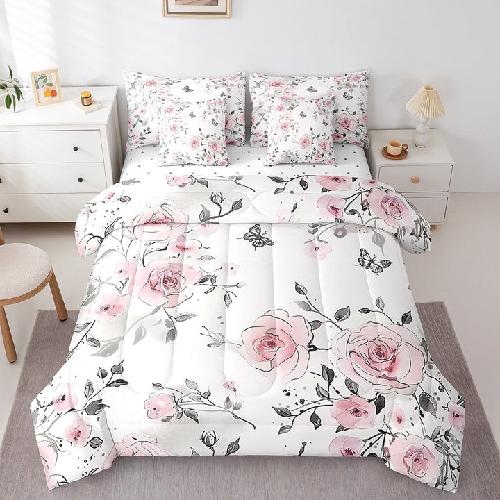 Erosebridal Pink Rose Bedding Full Size Women, Romantic Floral Comforter Sets with Sheets, Valentine&