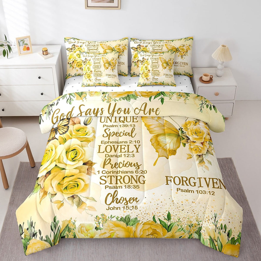 Erosebridal Gold Butterfly Bedding Sets Twin Size, Inspirational Quotes Comforter Sets with Sheets, Rose Floral Decor, 7pcs