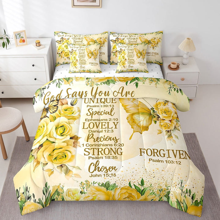 Erosebridal Gold Butterfly Bedding Sets Twin Size, Inspirational Quotes Comforter Sets with Sheets, Rose Floral Decor, 7pcs