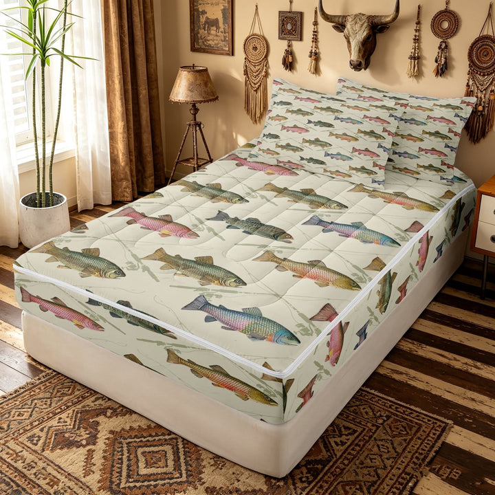 meiyoeat Watercolor Pike Fish Zipper Twin Comforter Sets with Fitted Sheet and 2 Pillowcases for Girls Boys Girls, Rustic Lake Animal Zipper Bedding Set, Green, Black Reversible, 4pcs