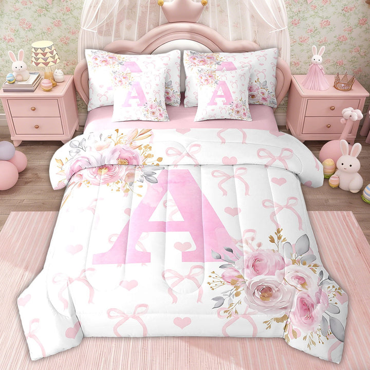 Erosebridal Kids Initial Letter A Bedding Sets Twin Size, Romantic Rose Bedding Accessories, Girly Fairy Decor, Pink Reversible 7-Piece