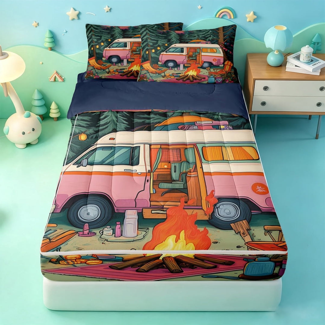 meiyoeat Retro Pink Camper Rv Zipper Full Size Comforter Sets with Fitted Sheet and 2 Pillowcases For Girls,Happy Camping Print Zipper Bedding Set,Multicolor,Navy Blue Reversible,4pcs