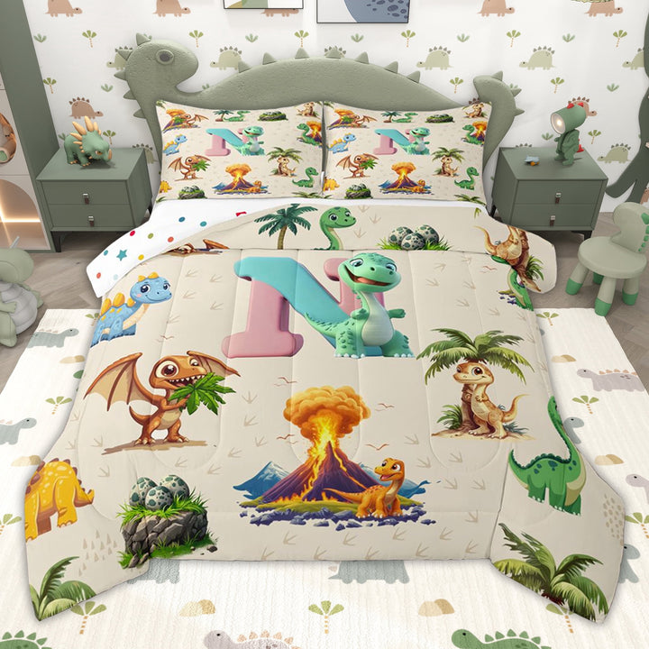 Erosebridal Cartoon Dinosaur Twin Comforter Sets for Kids Boys Girls, Dino Letter N Bedding Set, Polka Dots Reversible, 2pcs
