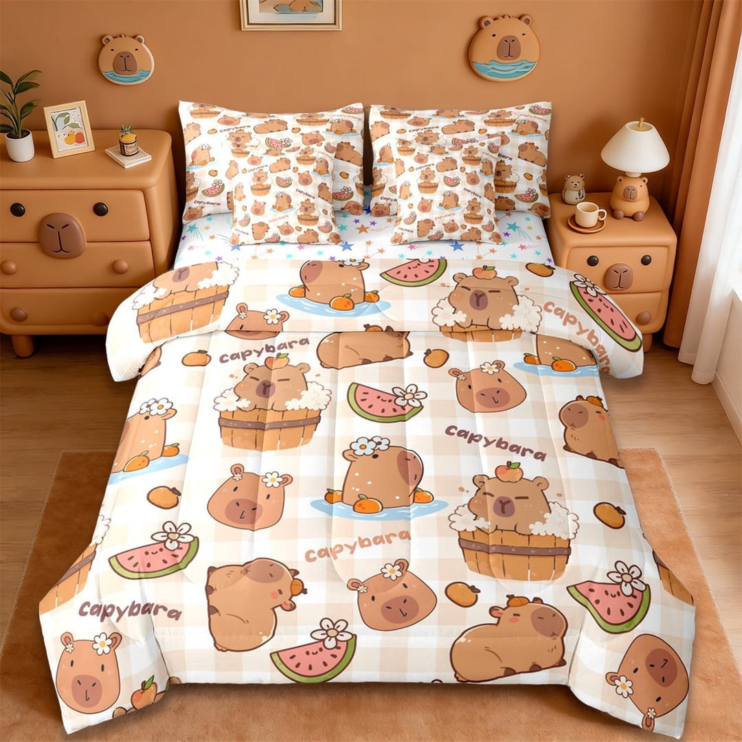 Erosebridal Capybara 7-Piece Twin Bedding Sets,Cute Rodent Animals Bedding Comforter Set For Kids Teens Reversible