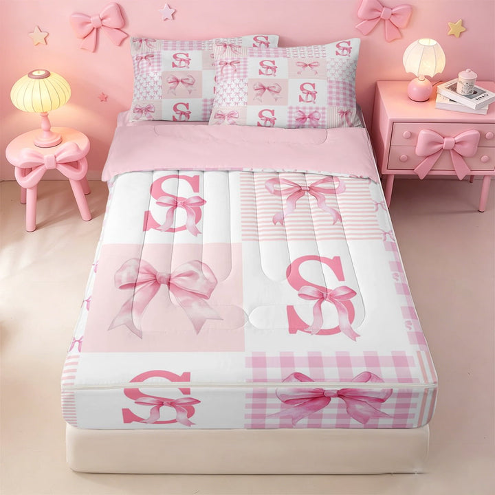 meiyoeat Pink Coquette Bowtie Zipper Twin Comforter Sets with Fitted Sheet and 2 Pillowcases For Girls,Kids Personalized Letter S Print Zipper Bedding Set,Pink Reversible,4 Pieces